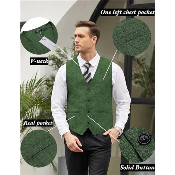 Men's Casual Business Vests Lightweight Waistcoat Slim Fit Suit Vest - Picture 5 of 6
